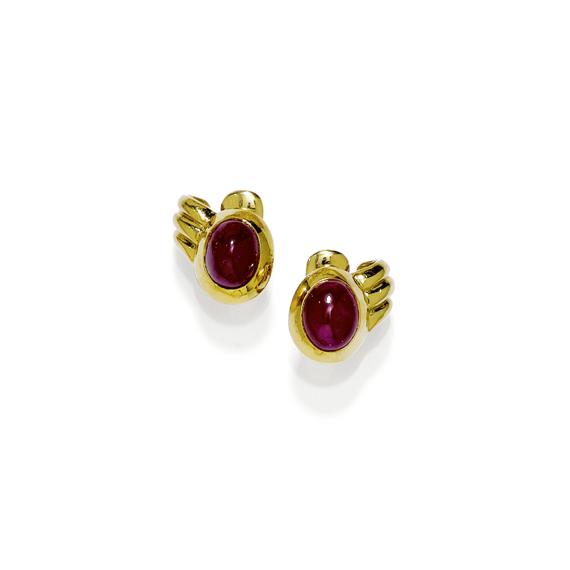 Appraisal: RUBY AND GOLD EAR CLIPS Yellow gold Casual-elegant ear clips