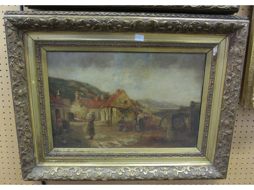 Appraisal: Oil on canvas of a fishing village with figures indistinctly