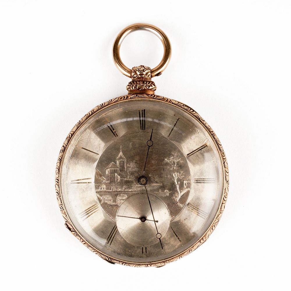 Appraisal: K Gold Open Face Pocket Watch w Etching K yellow