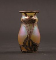 Appraisal: Iridescent Mini Vase with Sterling Silver Overlay Iridescent pink and