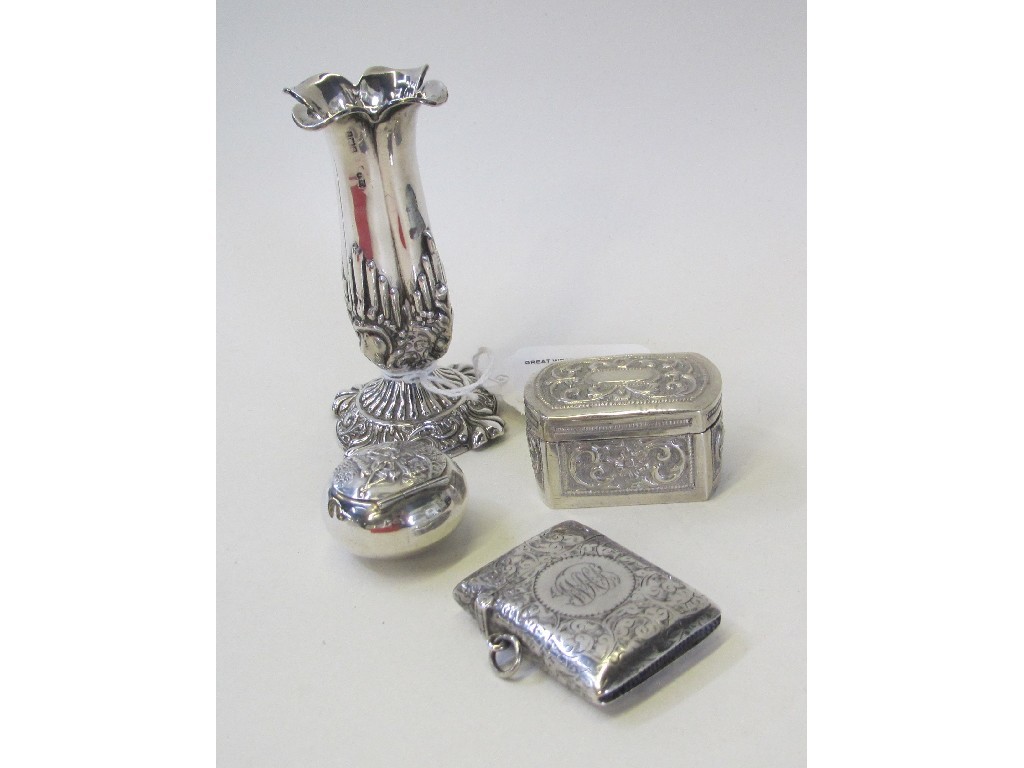 Appraisal: Lot comprising silver vase silver pill box silver vesta and