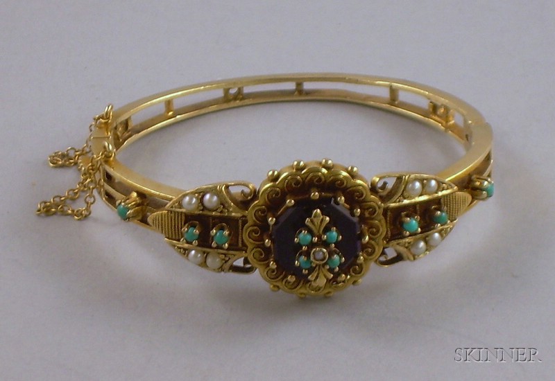 Appraisal: Victorian-style kt Gold Onyx Turquoise and Seed Pearl Hinged Bangle