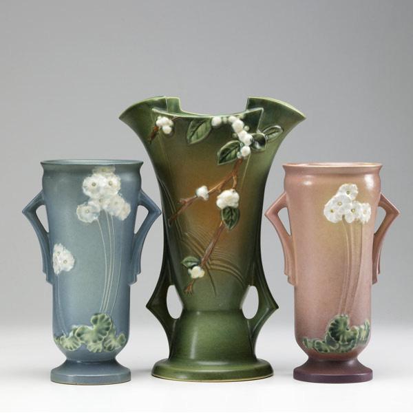 Appraisal: ROSEVILLE Three vases two Primrose - blue and pink restored