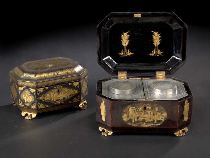 Appraisal: Chinese Export Deux-Couleur-Gilded Black Lacquer Octagonal Footed Tea Box second