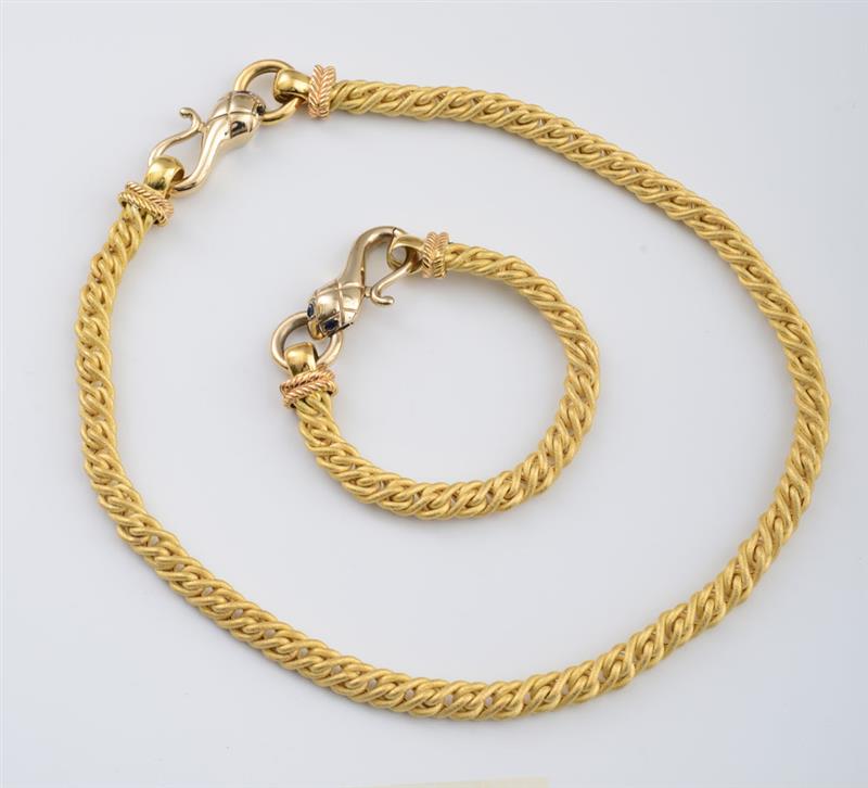 Appraisal: K GOLD SNAKE NECKLACE AND BRACELET FRACCARI Frosted gold braided