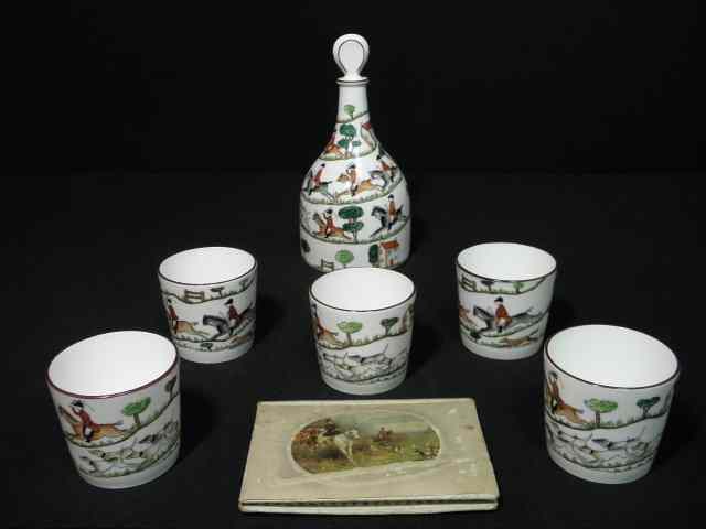 Appraisal: Crown Staffordshire ''Hunting Scene'' porcelain six piece liquor set Includes