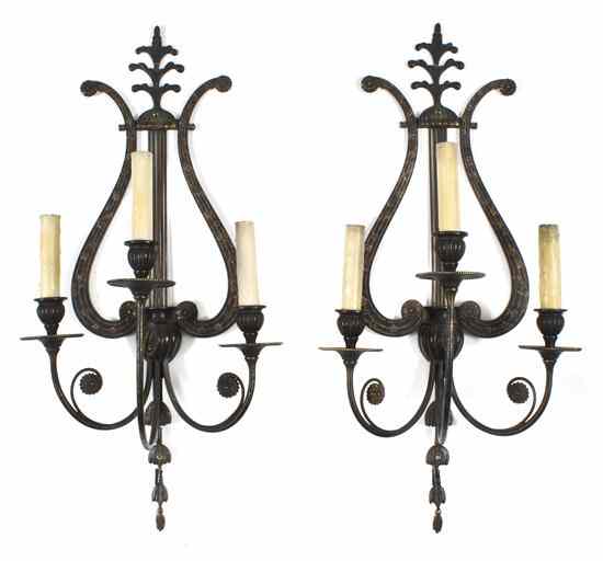 Appraisal: A Pair of Continental Bronzed Metal Three-Light Sconces each having