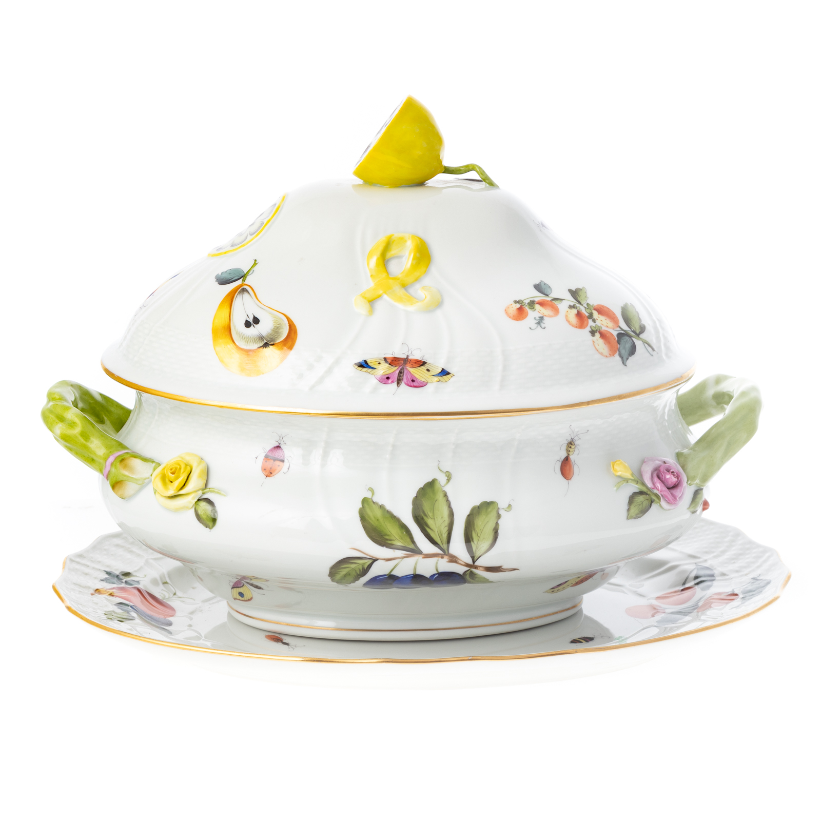 Appraisal: HEREND FRUITS FLOWERS SOUP TUREEN STAND Bulbous tureen with applied