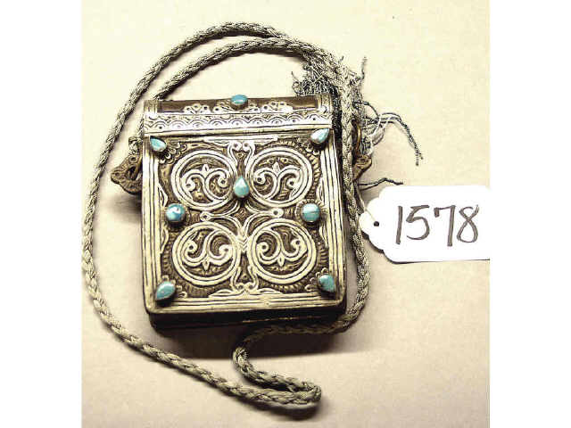 Appraisal: Nickel and brass Moroccan purse with set turquoise stones and