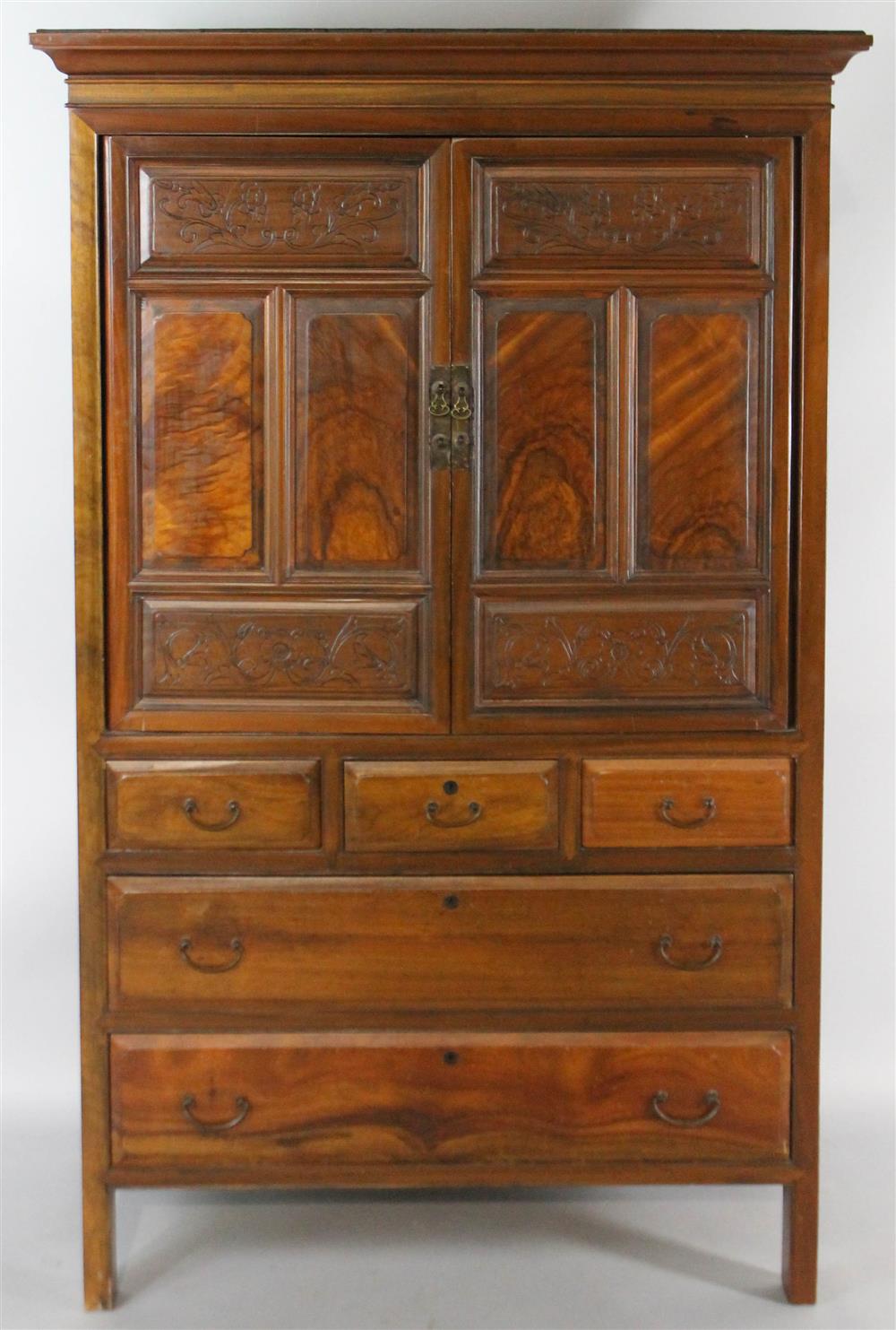 Appraisal: SINGAPORE HANDMADE COLONIAL STYLE FIGURED WOOD CABINET having a deep