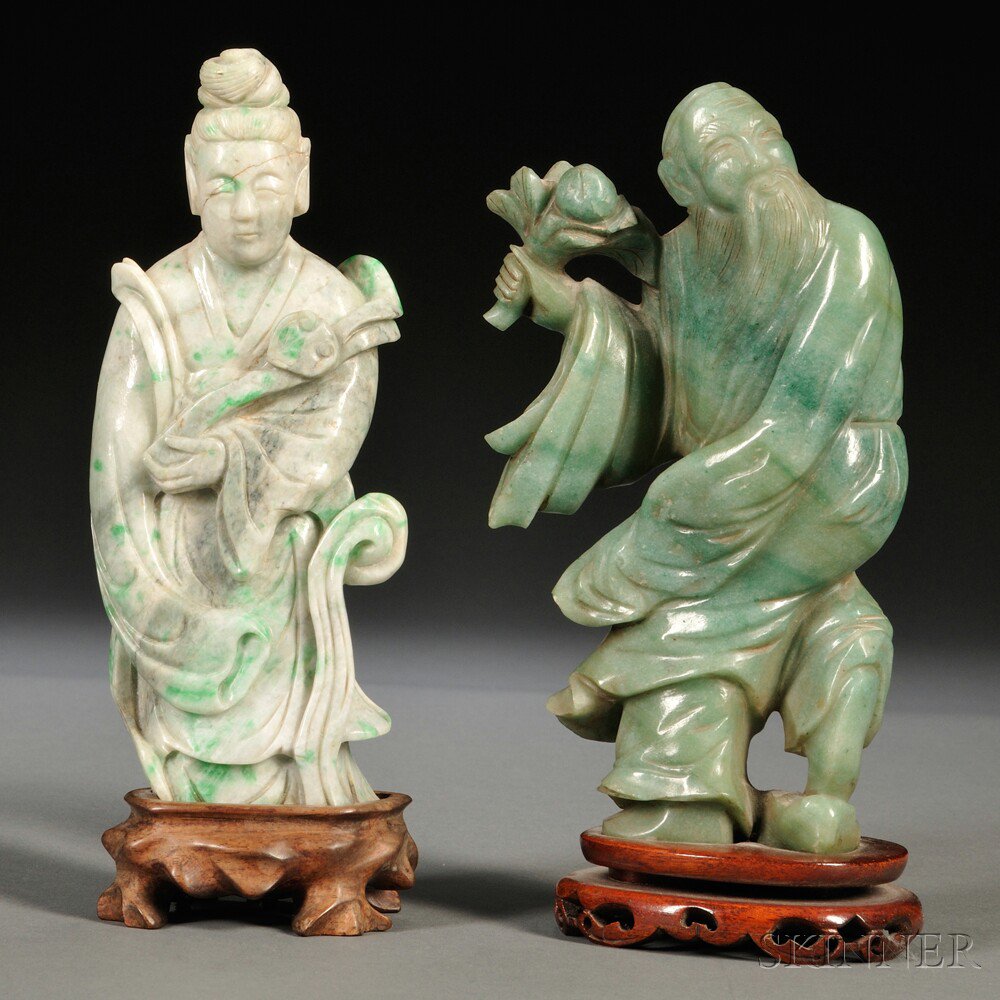 Appraisal: Two Carved Stone Standing Figures on Wood Stands China a