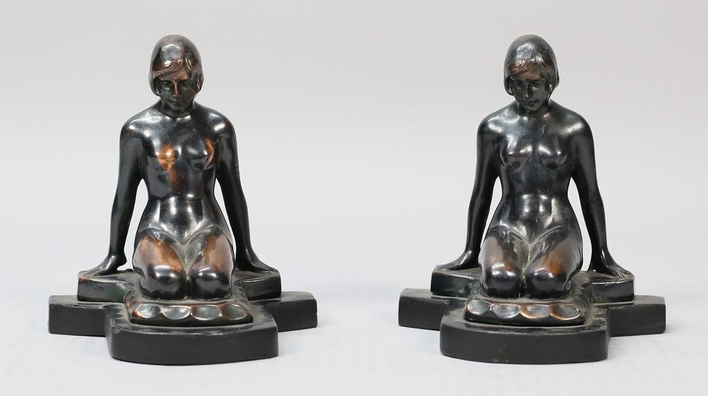 Appraisal: PAIR OF ART NOUVEAU FIGURAL NUDE BRONZE BOOKENDSPair of Art