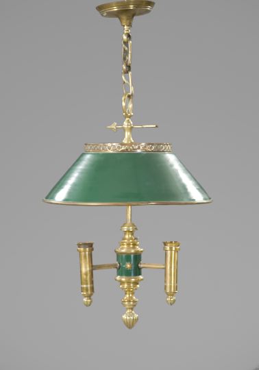 Appraisal: French Tole-Peinte and Brass Pendant Three-Light Bouillotte Chandelier in the