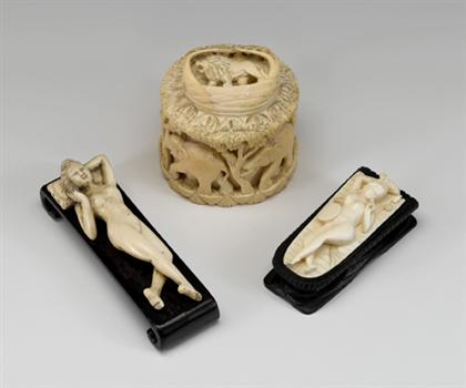 Appraisal: Chinese export elephant ivory covered box and two doctor ladies