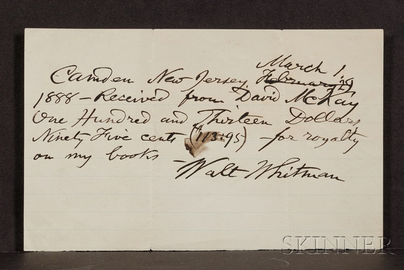 Appraisal: Whitman Walt - Autograph note signed March receipt Received from