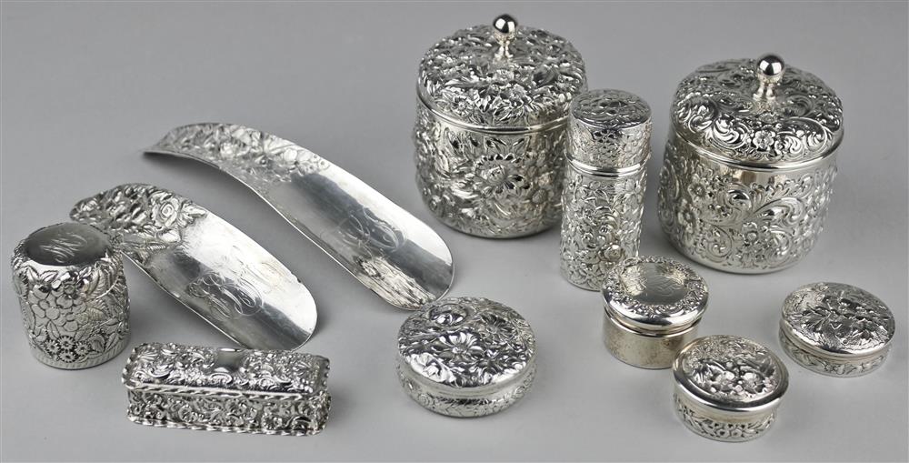 Appraisal: GROUP OF AMERICAN REPOUSSE SILVER DRESSER JARS AND A PAIR