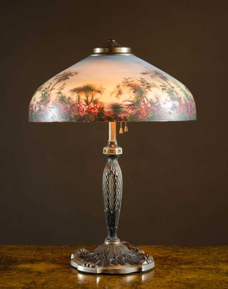 Appraisal: PAINTED TABLE LAMP the glass shade with hand painted landscape