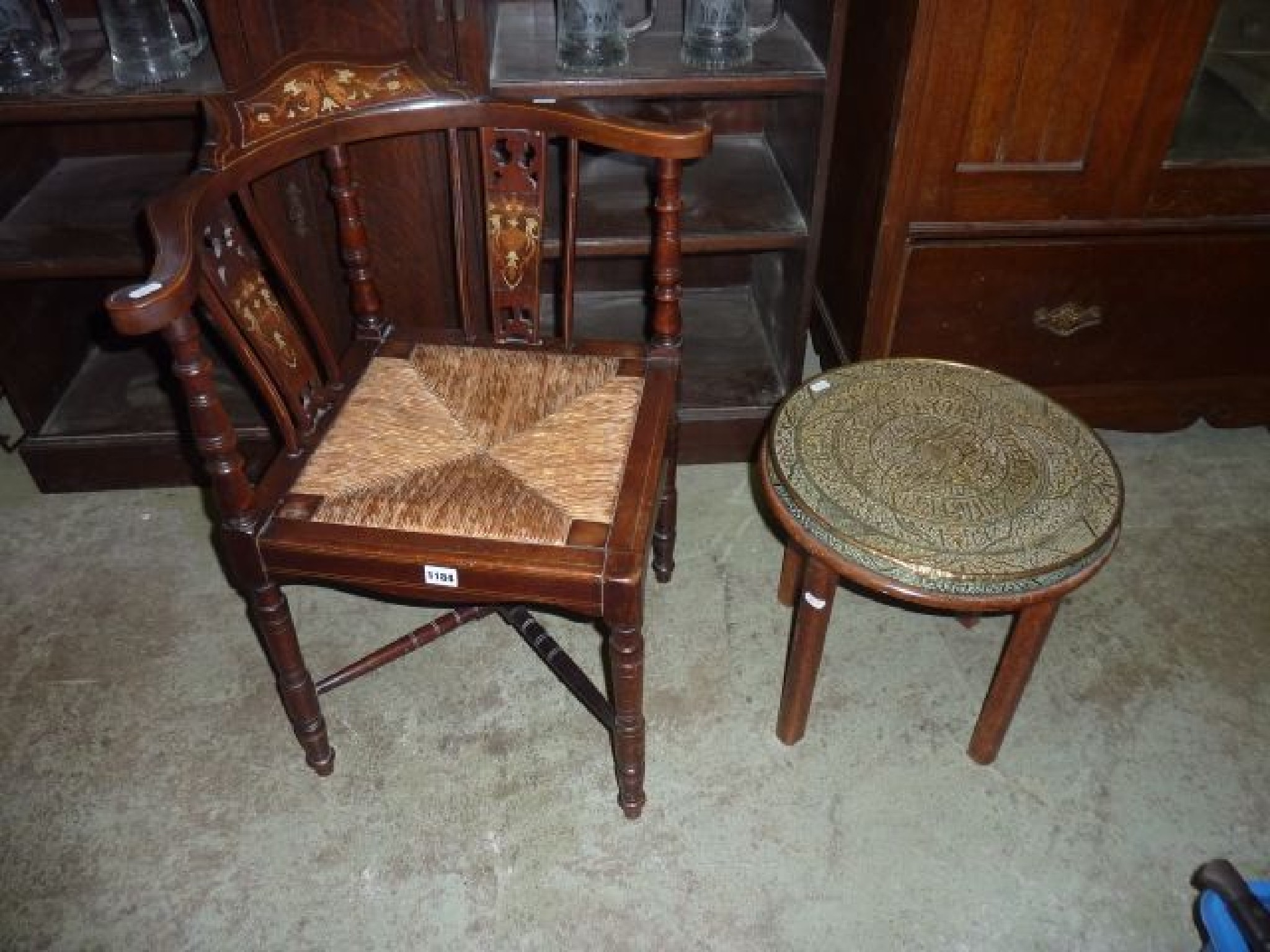 Appraisal: An inlaid Edwardian mahogany corner chair with marquetry detail rush