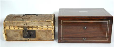 Appraisal: VICTORIAN ROSEWOOD WORKBOX CIRCA with pewter line inlay the hinged