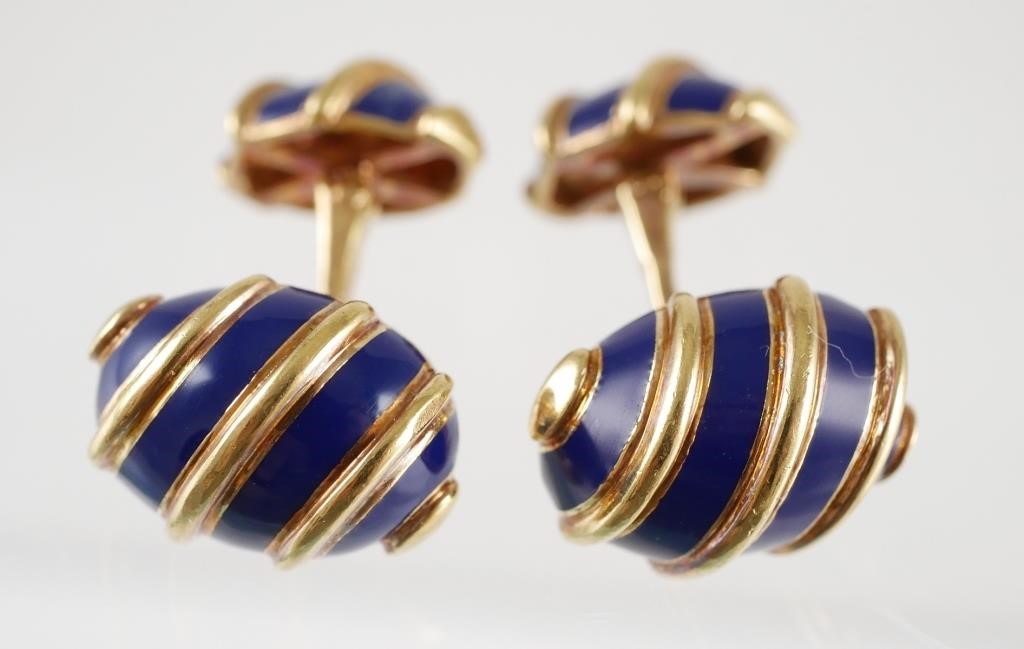 Appraisal: Pair of K yellow gold and blue enamel double Olive