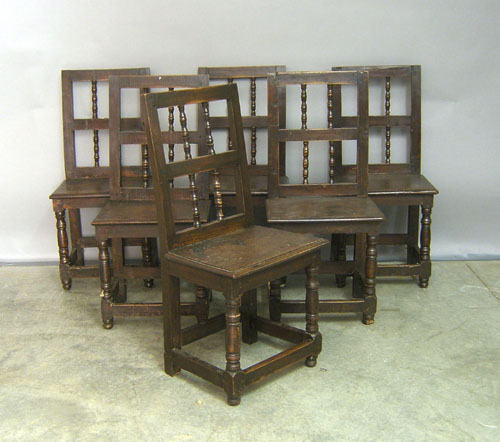 Appraisal: Set of six William and Mary oak plank bottom chairs