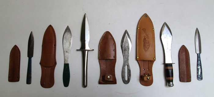 Appraisal: SIX THROWING KNIVES three are Chestnut Hill with brown leather