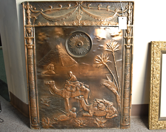 Appraisal: Copper Fireplace Cover Copper with relief design of Egyptian scene