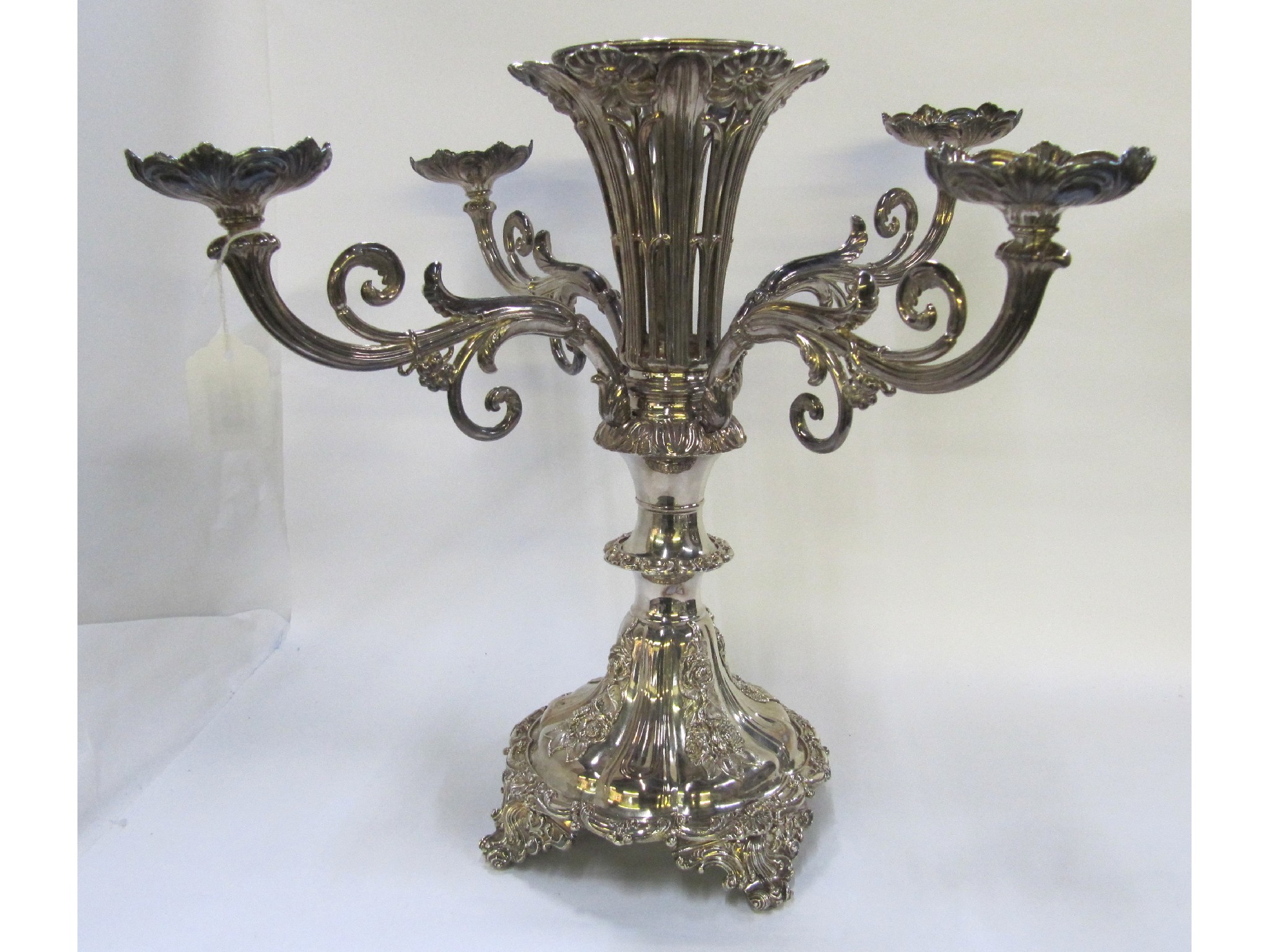 Appraisal: A silver plated centrepiece epergne missing glass bowls