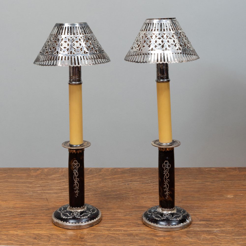 Appraisal: Pair of English Silver Inlaid Faux Tortoiseshell Candlesticks and a