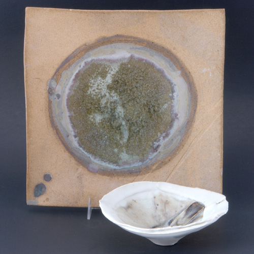 Appraisal: RUTH DUCKWORTH Two ceramic items a square bisque-fired stoneware plaque