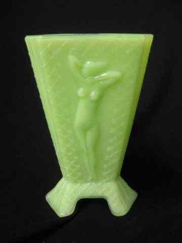 Appraisal: McKee Jadeite Style Art Glass Vase nudes Art Deco era