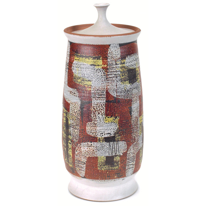 Appraisal: Clyde Burt covered jar glazed stoneware with yellow rust black