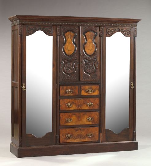 Appraisal: English Mahogany and Burl Walnut-Veneer Tripartite Wardrobe the ogee and