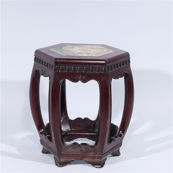 Appraisal: Chinese carved hardwood marble inset hexagonal garden seat surface scratches