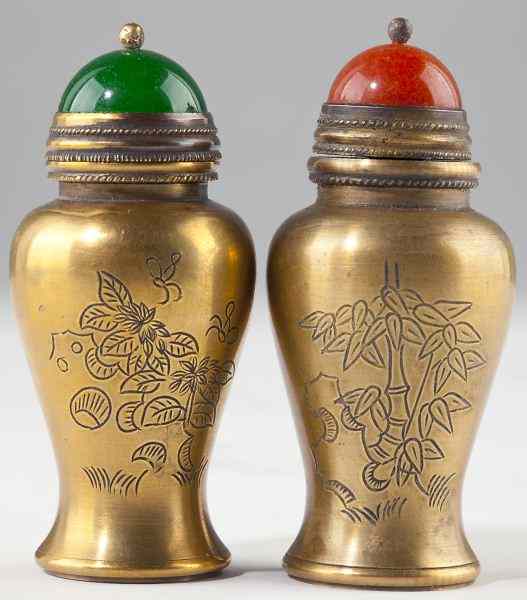 Appraisal: Pair of Chinese Brass Snuff Bottleseach baluster form signed on