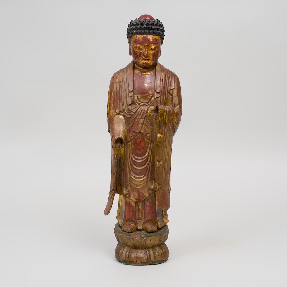 Appraisal: Japanese Painted and Parcel-Gilt Wood Figure of Buddha in high