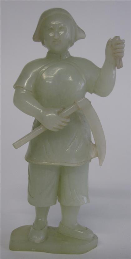 Appraisal: Chinese cultural revolution celadon jade farming figureTall female figure grasping