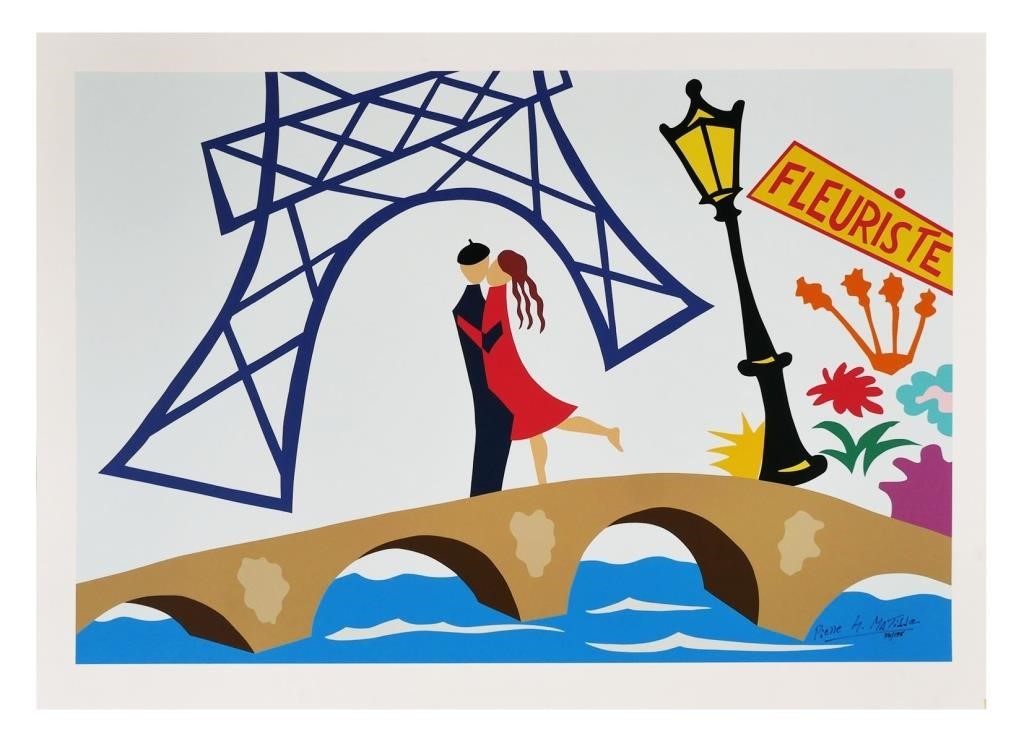 Appraisal: Serigraph print of lovers on a bridge in Paris by