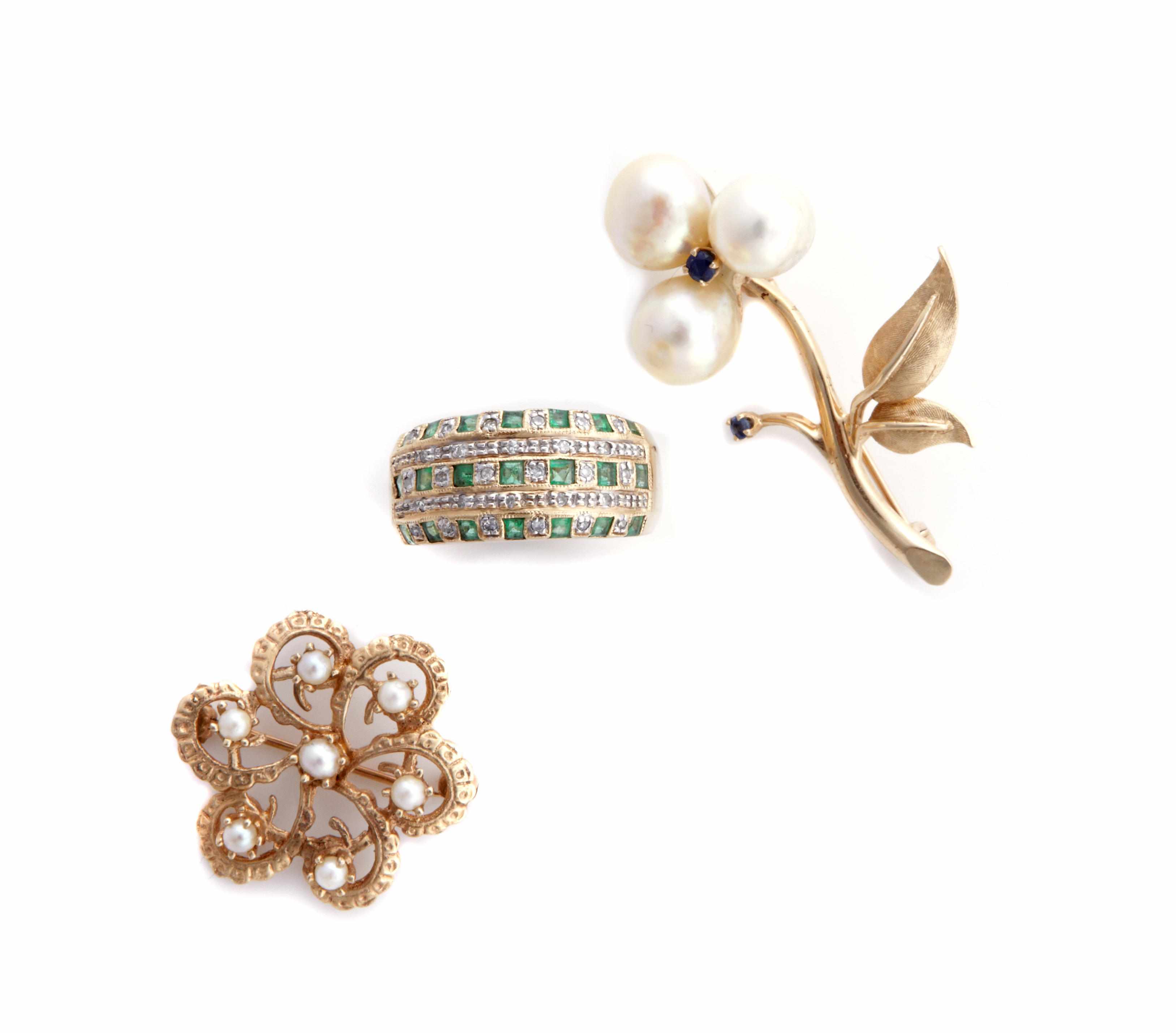 Appraisal: A group of cultured pearl gem-set and gold jewelry comprising