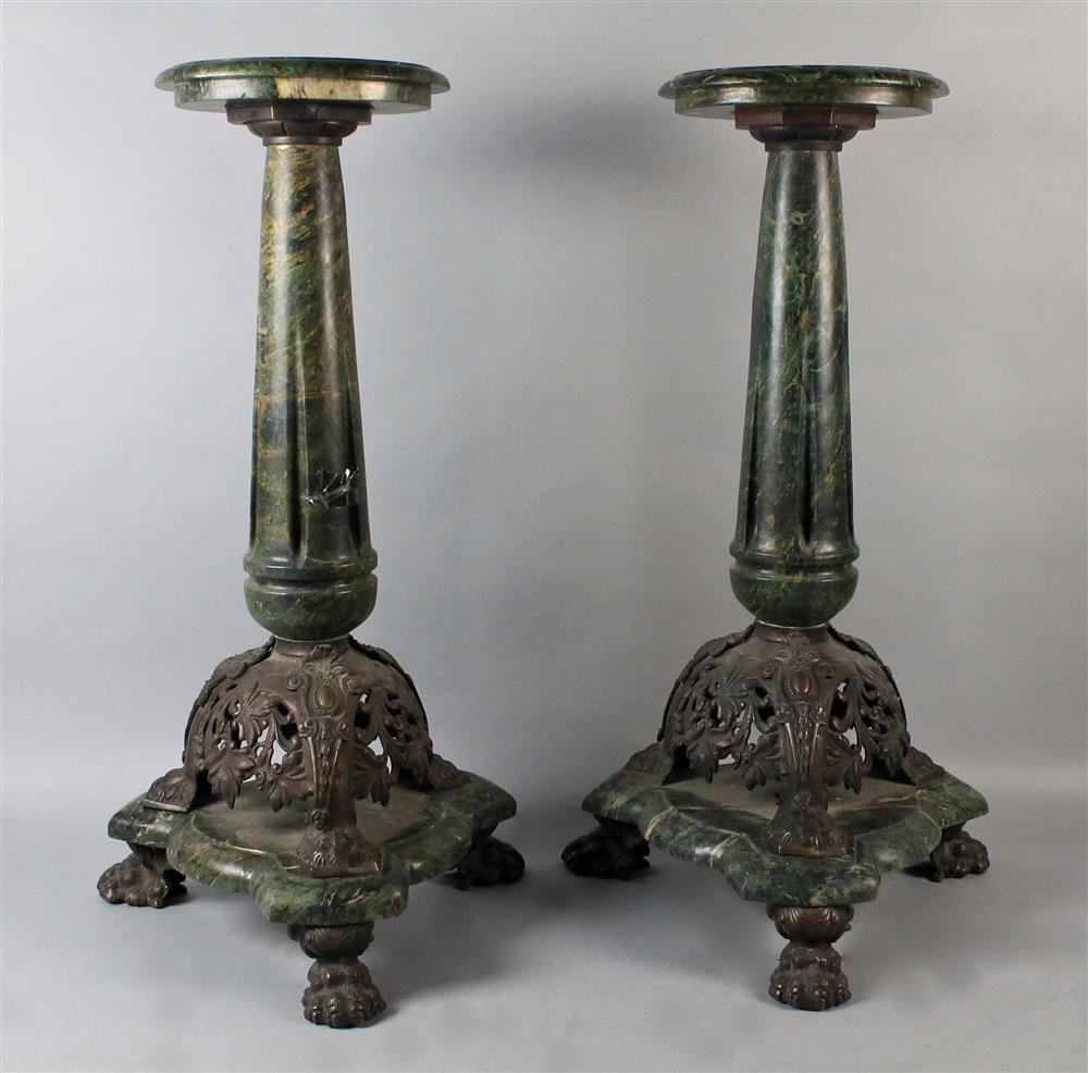 Appraisal: PAIR OF CLASSICAL STYLE GREEN MARBLE PEDESTALS molded top is