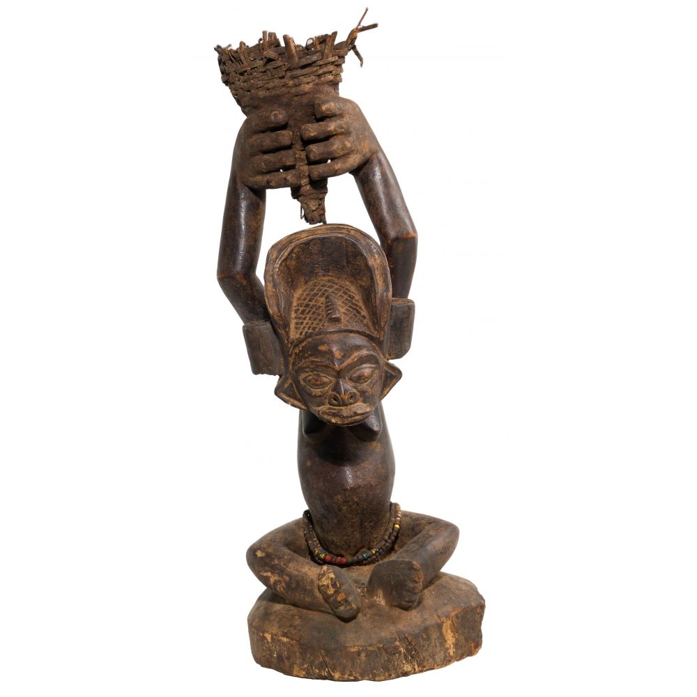 Appraisal: AFRICAN CHOKWE CARVED WOOD FIGUREDepicting ancestress making offering having attached