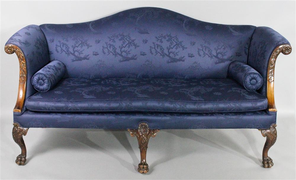 Appraisal: CHIPPENDALE STYLE CAMELBACK MAHOGANY SOFA WITH NAVY DAMASK UPHOLSTERY late