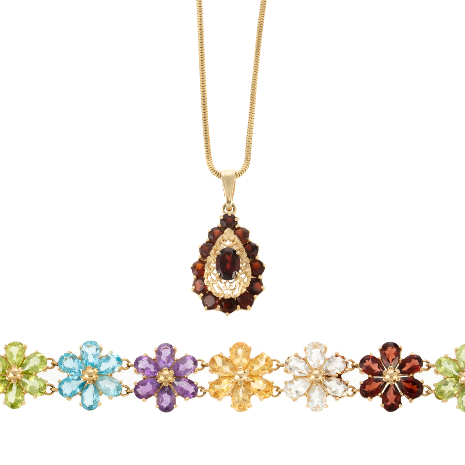 Appraisal: A FLORAL GEMSTONE BRACELET GARNET PENDANT IN K K yellow