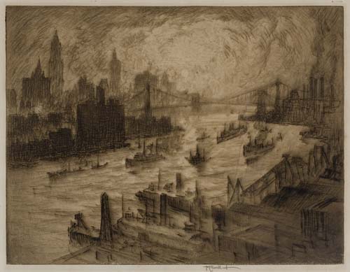 Appraisal: JOSEPH PENNELL Sunset from Williamsburg Bridge Etching x mm x