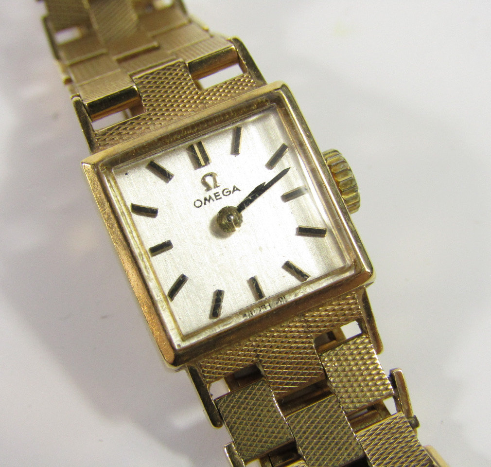 Appraisal: An Omega lady's ct gold cased wristwatch square silvered dial