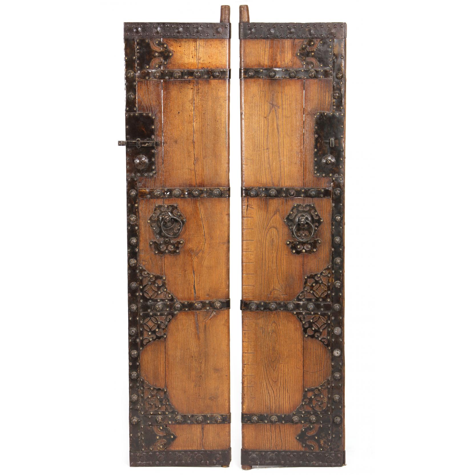 Appraisal: Pair of Chinese Hardwood Architectural Doors circa elmwood brass and