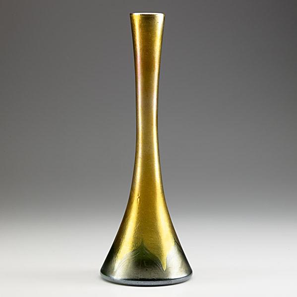 Appraisal: TIFFANY STUDIOSGold Favrile tall bud vase with pulled feather baseL