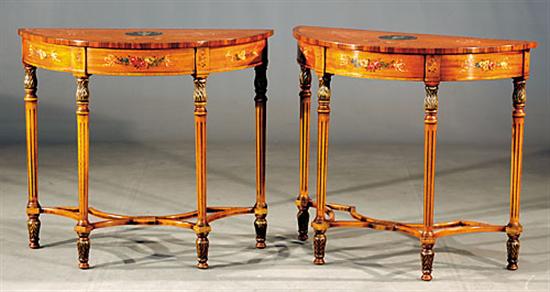 Appraisal: Pair Edwardian style painted satinwood consoles demilune top centered with