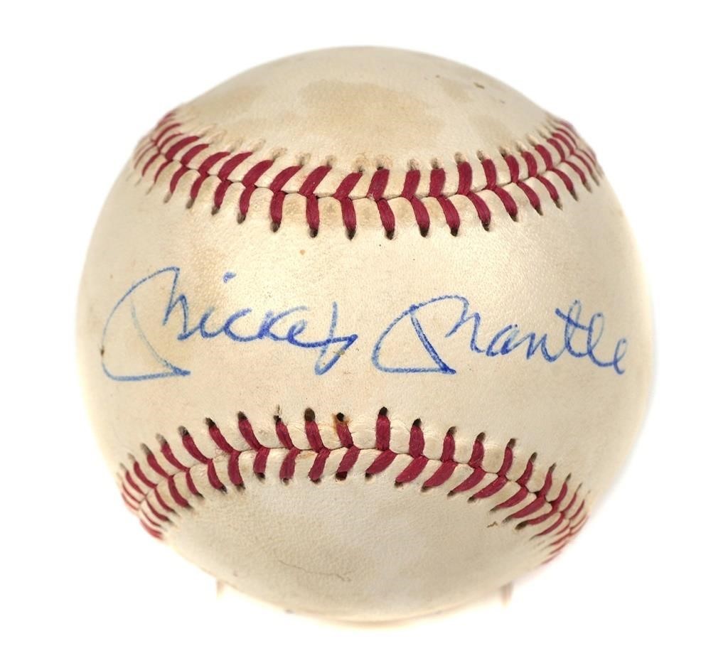 Appraisal: MICKEY MANTLE SIGNED BASEBALLBaseball hand-signed in blue ballpoint by baseball