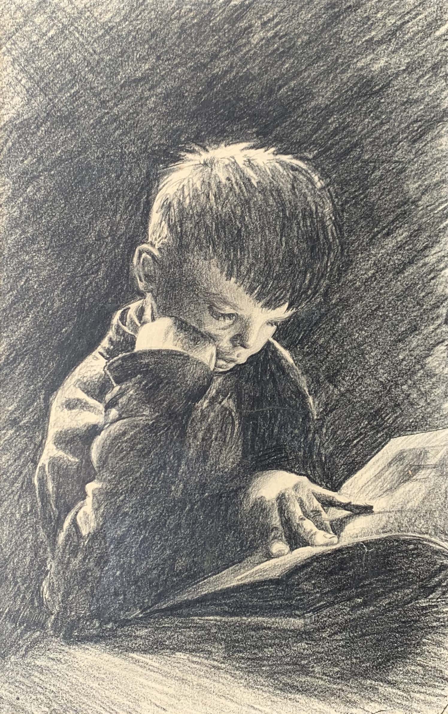 Appraisal: HOFFMAN Martin Joseph American - Young Child Reading Charcoal Drawing